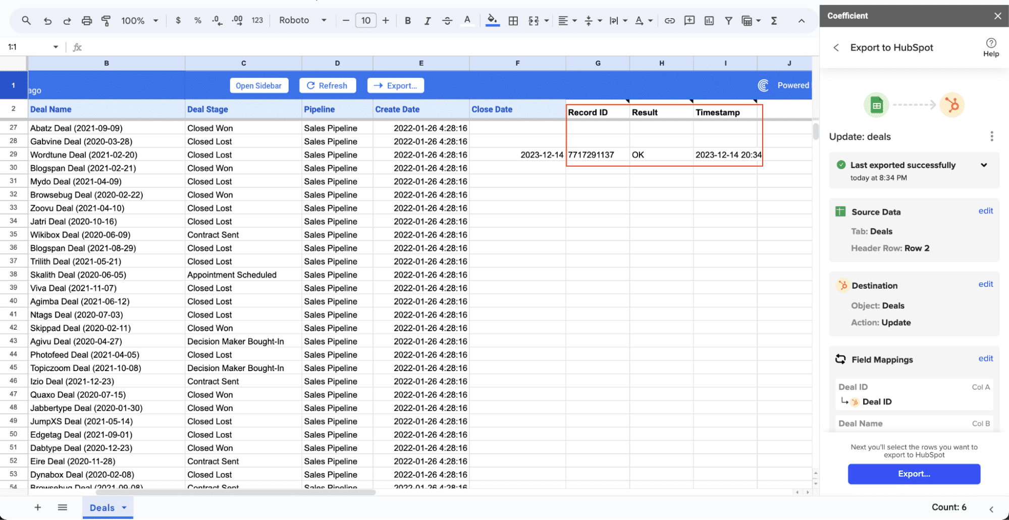 Export settings configuration panel