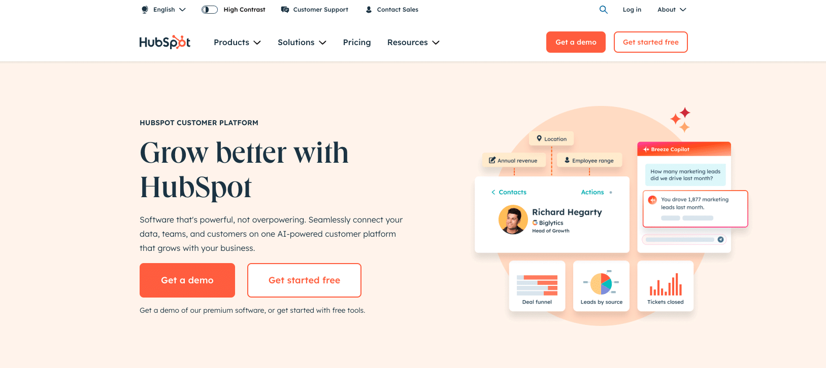 a screenshot of hubspots homepage