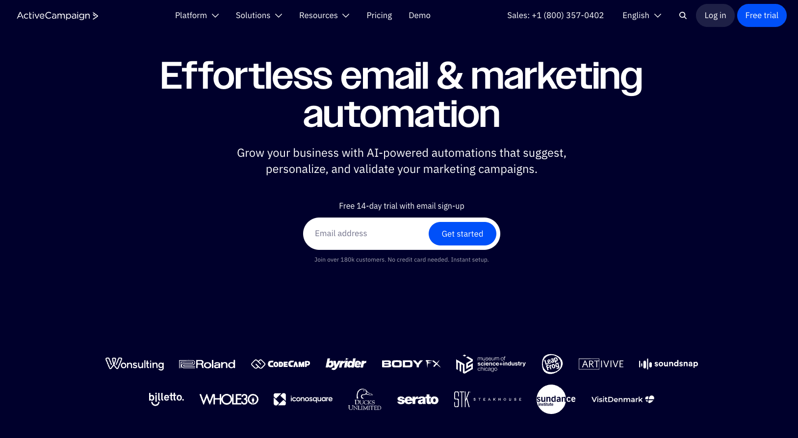 a screenshot of activecampaign's homepage